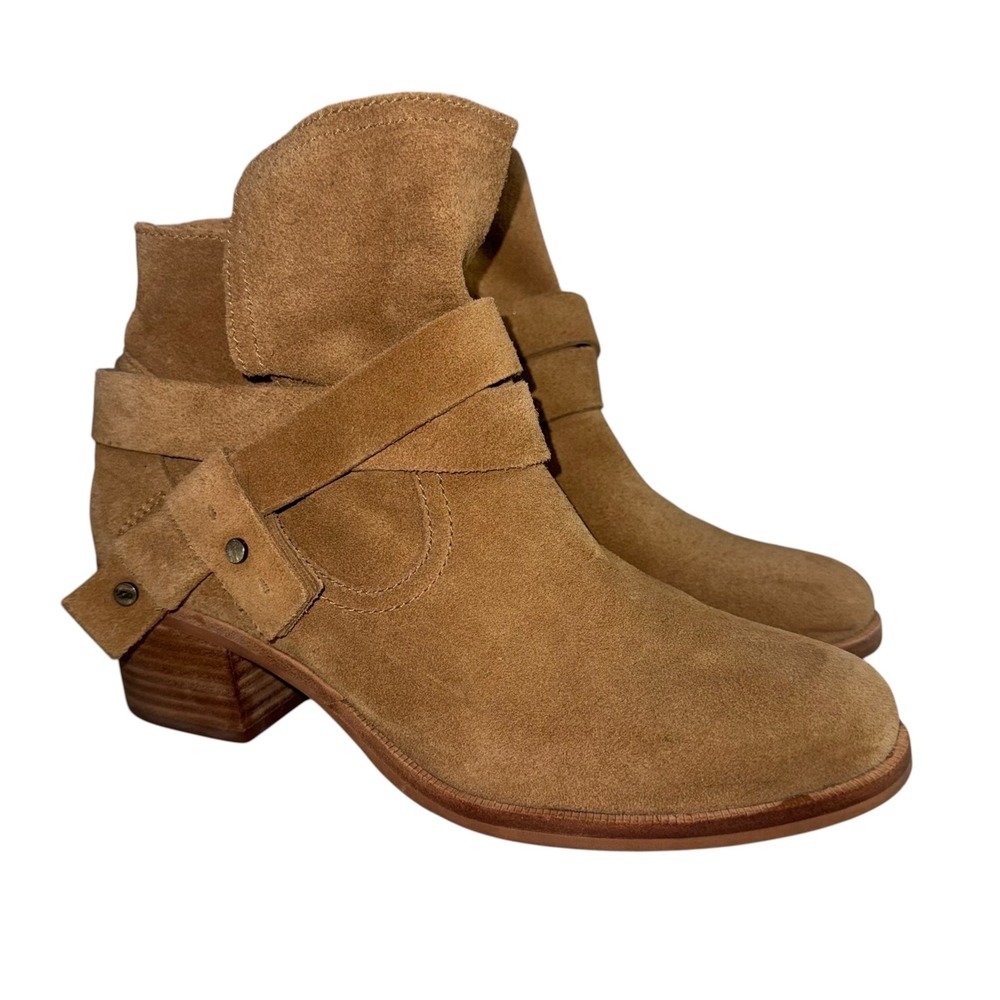 Ugg Elora Tan Suede Harness Ankle Boots 1020295 Womens 7.5 Stacked Block Heel